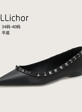 2025新款铆钉平底鞋女法式复古浅口尖头软皮面通勤黑色单鞋工作鞋