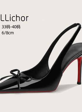 2025年夏季新款包头凉鞋女蝴蝶结百搭尖头黑色细跟凉拖红底高跟鞋
