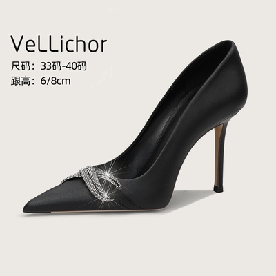 2025年夏季新款绸缎单鞋性感尖头水钻法式黑色职业高跟鞋女细跟
