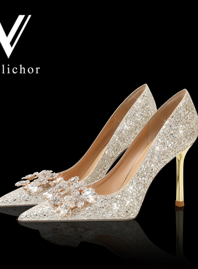 香槟色婚鞋禾秀婚纱两穿水钻2025新款新娘鞋绝美水晶尖头高跟鞋女