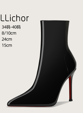 2025新款黑色漆皮尖头细跟短靴侧拉链红底高跟瘦瘦靴气质炸街踝靴