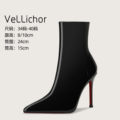 2025新款黑色漆皮尖头细跟短靴侧拉链红底高跟瘦瘦靴气质炸街踝靴