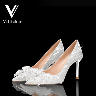 2024年新款法式蝴蝶结婚鞋主婚纱新娘伴娘鞋亮片尖头银色高跟鞋女