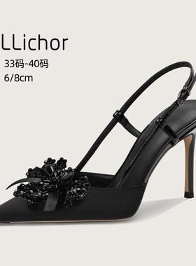 2025新款黑色细跟高跟鞋绸缎面后绊带水钻后空性感百搭包头凉鞋女