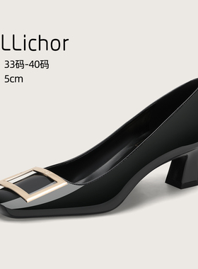 2025新款方扣漆皮黑色单鞋女中跟法式复古浅口方头粗跟通勤工作鞋