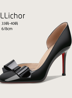 2025年蝴蝶结性感风侧空圆头黑色漆皮高跟鞋细跟气质通勤职业单鞋