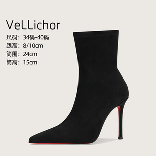 2025年黑色绒面尖头红底高跟细跟短靴侧拉链瘦瘦靴气质及踝靴裸靴
