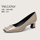 浅口气质单鞋 2025年秋季 复古方扣方头裸灰色高跟鞋 粗跟鞋 新款 法式