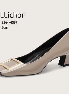 2025年秋季新款法式复古方扣方头裸灰色高跟鞋粗跟鞋浅口气质单鞋