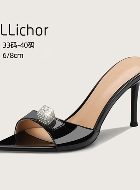 2025年女夏季新款一字带水钻尖头黑色凉鞋细跟性感露趾凉拖高跟鞋