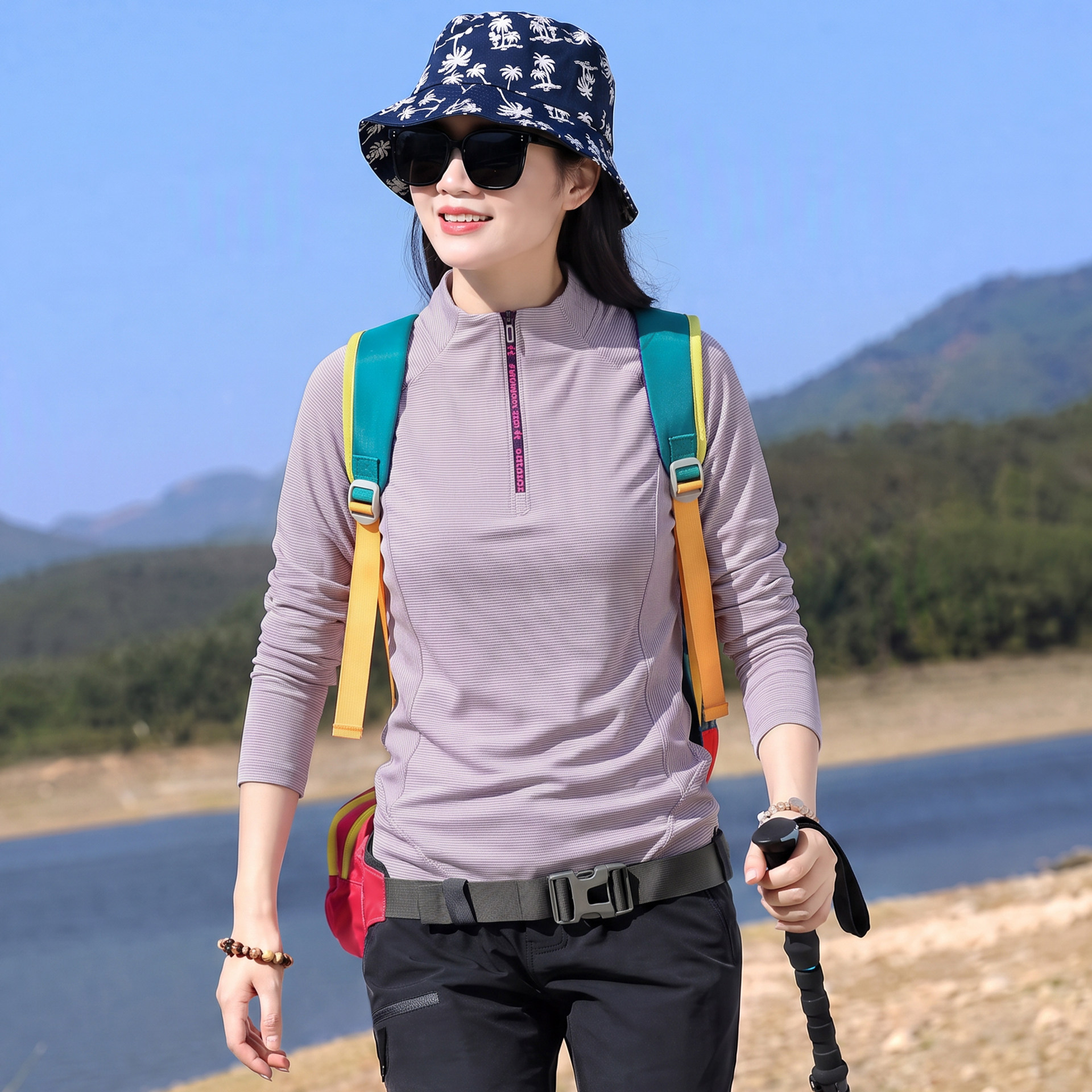 户外抓绒衣女式条纹上衣长袖T恤保暖衣磨毛绒运动健身跑步打底衫图片