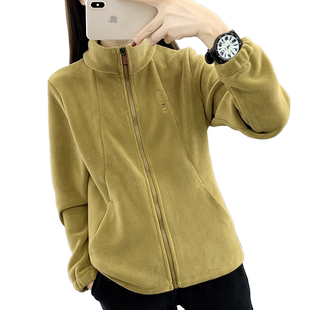 户外休闲抓绒衣秋冬女保暖锁温加绒加厚拉链枫叶立领开衫卫衣外套