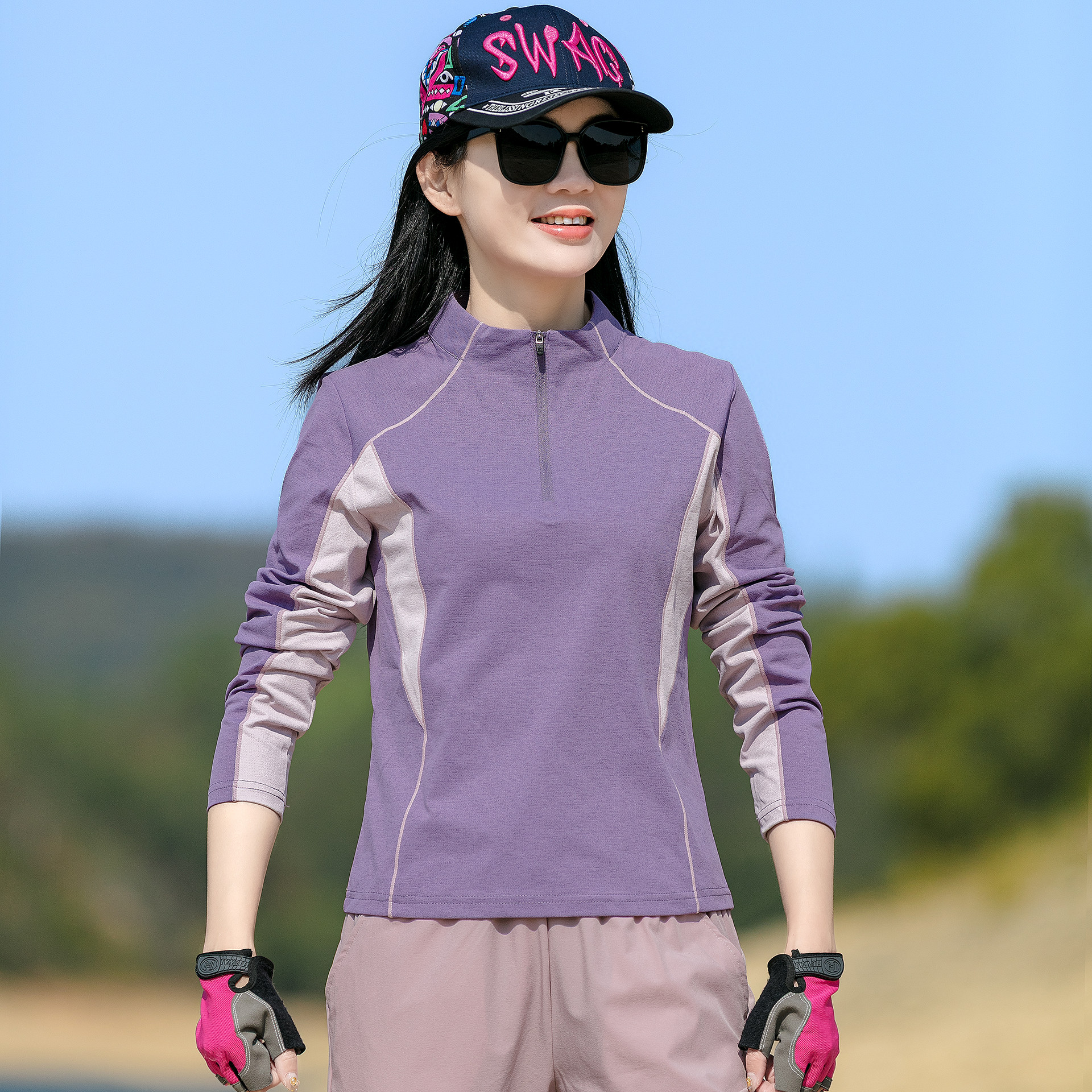 春秋速干衣女弹力透气吸湿户外运动徒步登山立领拼色拼接快干t恤