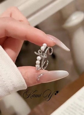 小众设计银色蝴蝶结珍珠戒指女