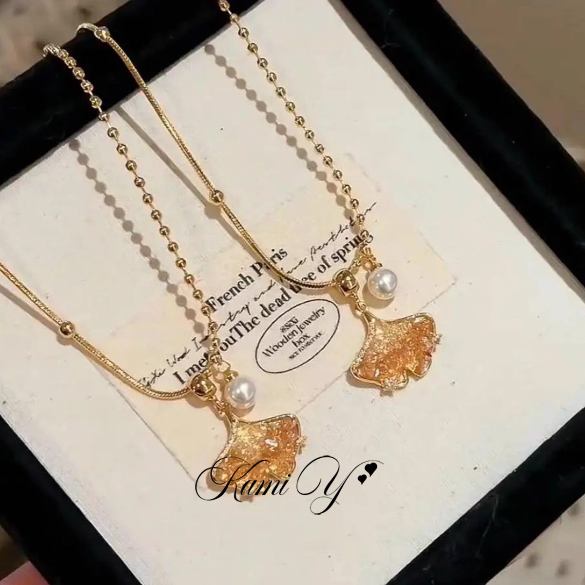 渐变黄色水晶石银杏叶吊坠项链女