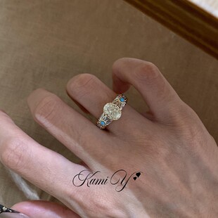 韩系雏菊绿松石椭圆鸽子蛋闪钻戒指女气质高级精致食指戒开扣指环