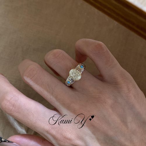 复古雏菊绿松椭圆鸽子闪钻戒指女