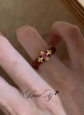 中古鸢尾花红宝石戒指女复古精致