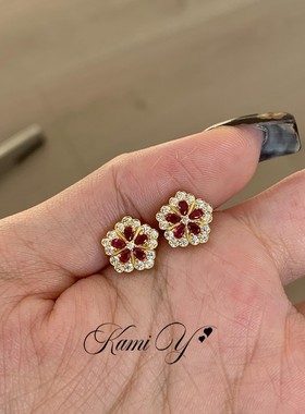 复古红色锆石花朵耳钉女轻奢气质高级感精致时尚百耳环新年红耳饰