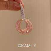 复古甜美粉色滴油镶钻不规则圆形耳扣耳环时尚 小众轻奢高级感耳饰