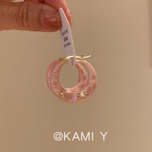 复古甜美粉色滴油镶钻不规则圆形耳扣耳环时尚小众轻奢高级感耳饰