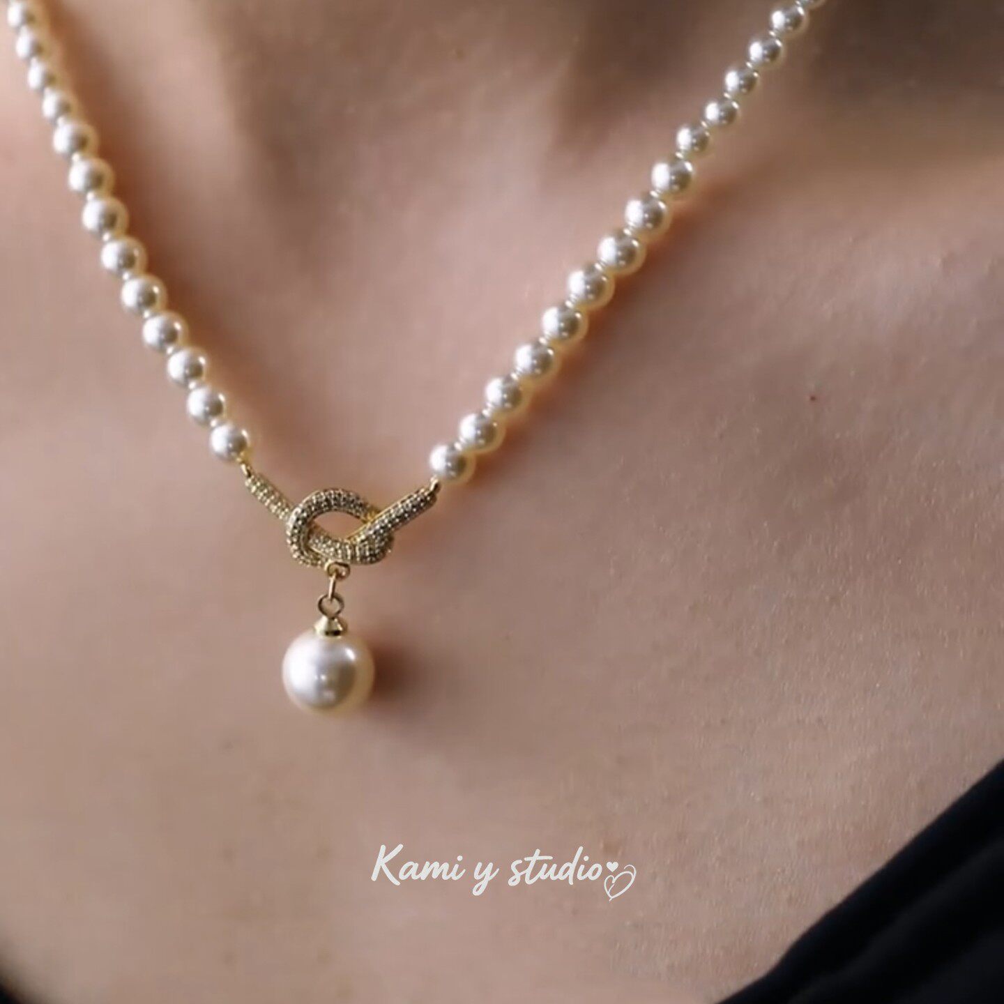 法式微镶打结珍珠吊坠项链