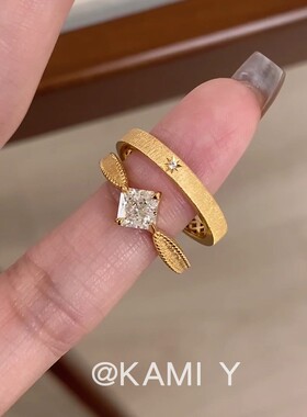 KAMI Y中古金色公主方糖锆石戒指女小众设计简约气质通勤开口指环