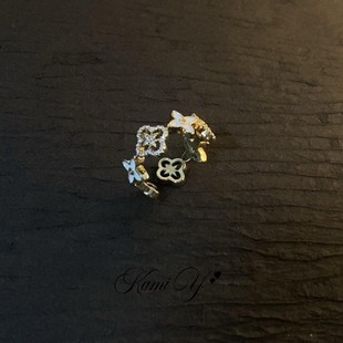 轻奢高级感镂空闪钻滴釉四叶花开口戒指女小众设计感时尚精致指环