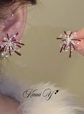 新年氛围感红色锆石烟花珍珠耳钉女小众设计轻奢高级精致独特耳饰