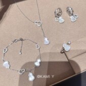 四件套 轻奢高级感白贝母闪钻葫芦吊坠银色项链女开口食指戒耳环