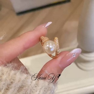 法式复古单颗珍珠开口戒指女轻奢时尚日常佩戴显气质指环食指戒