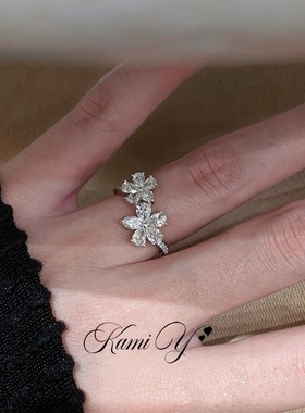 日系清冷感银色花朵开口戒指女