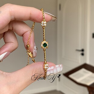 绿调糖塔~中古vintage闪钻四叶花手链女精致高级时尚百搭简约手饰