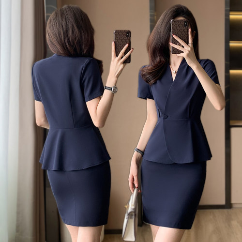 职业套装女2025夏季薄款短袖西装套裙前台美容院珠宝店工作服高端