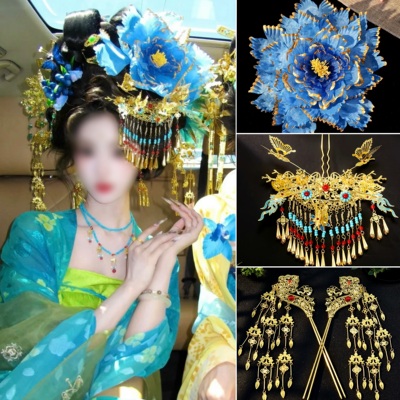 唐风贵妃蓝牡丹花造型贵气凤冠簪