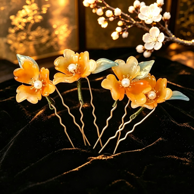 古风琉璃黄色小花珍珠发簪点缀花朵簪花唐风汉服头饰古装点缀发钗