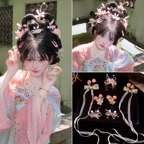 汉服小唐风妆造粉色蝴蝶发钗全套