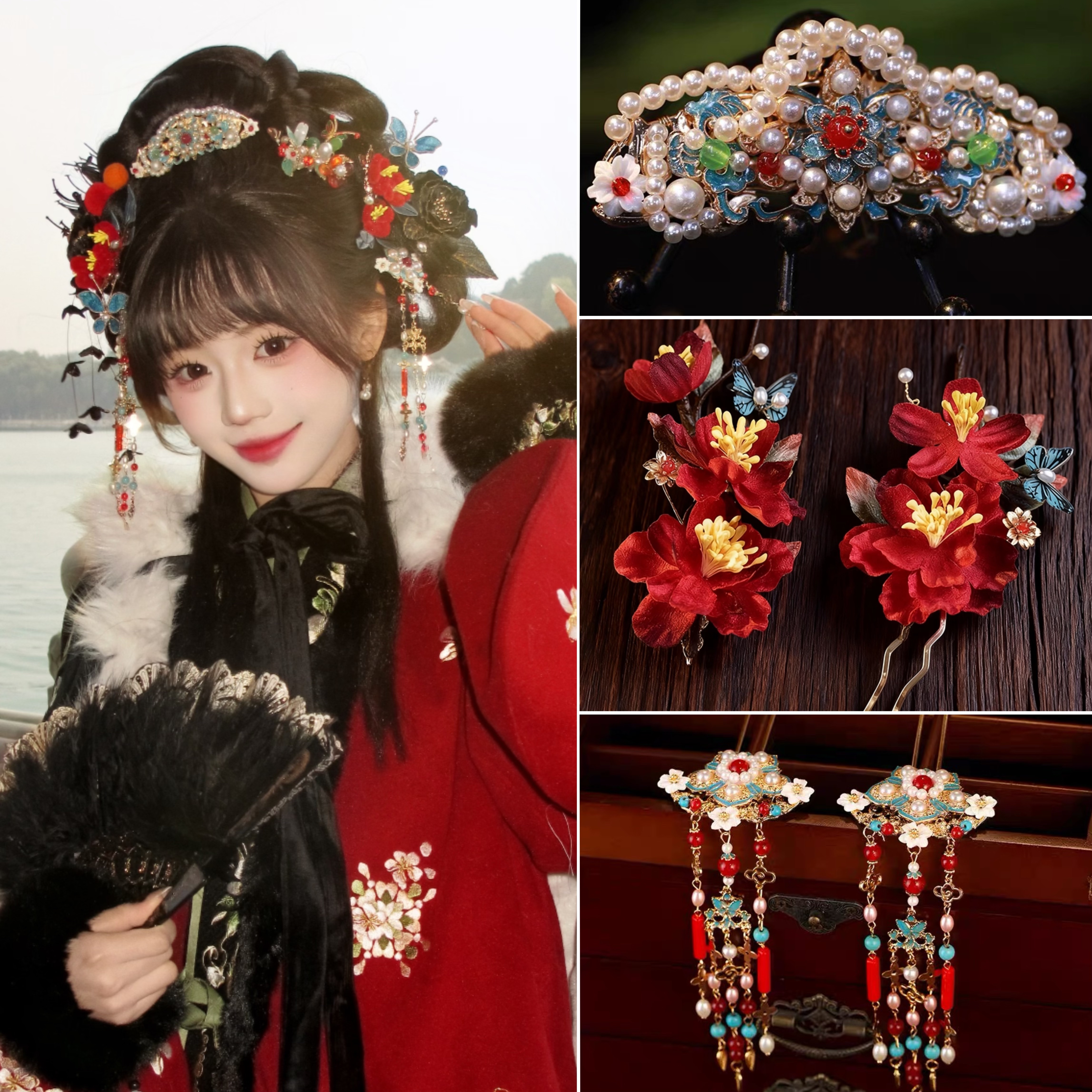 明制汉服红色发饰新娘头饰发冠