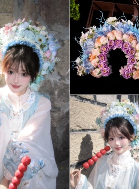 新品泉州蓝色浔浦簪花花环头饰日常汉服发簪立体饱满写真古风发饰