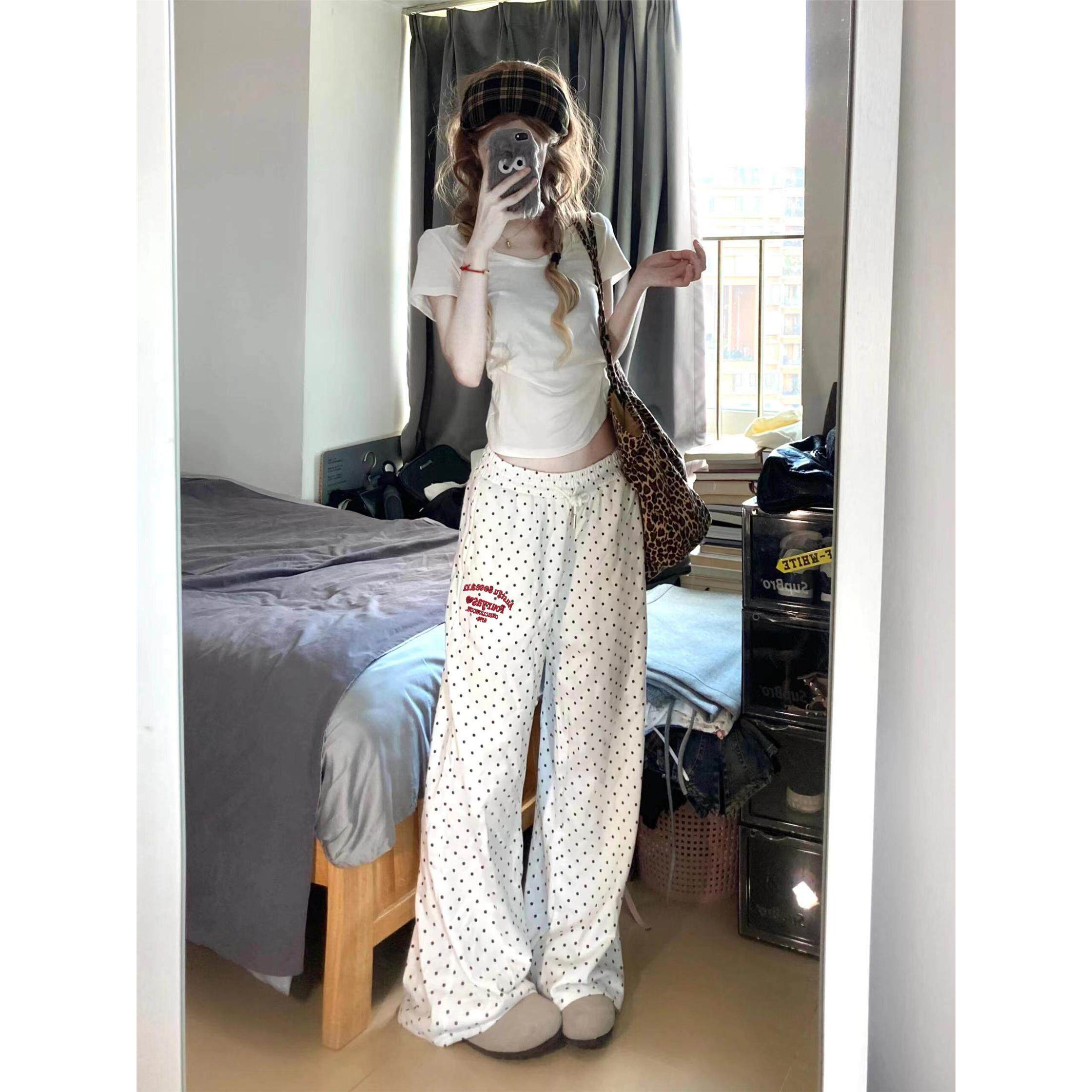 纯棉美式字母刺绣波点休闲裤女夏季宽松高腰运动慵懒风阔腿长裤子