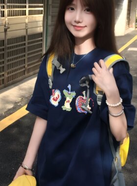 美式藏青色圆领短袖t恤女大童夏季初中高中学生体恤宽松半袖上衣
