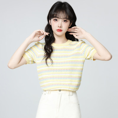 黄色条纹针织短袖T恤女20
