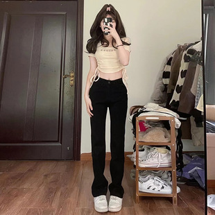 青年美式弯刀黑牛仔裤男款修身裤夏季时尚潮流弹力直筒裤微喇裤子