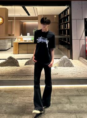 2025cleanfit黑色柳叶弯刀牛仔裤子美式vibe直筒窄版修身微喇裤子