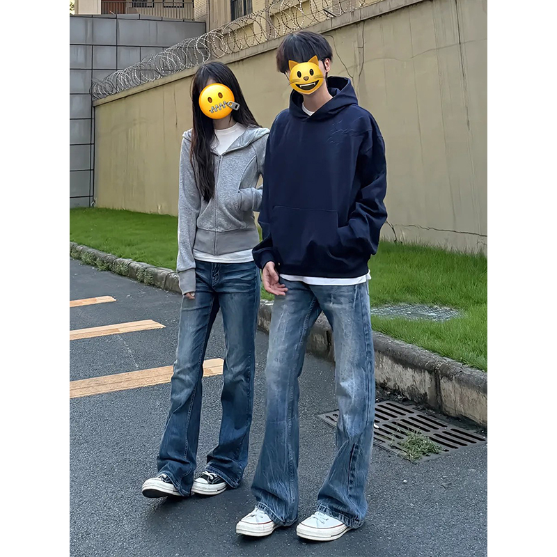 潮男复古2025闪电纹微喇牛仔裤子潮牌水洗宽松直筒显瘦痞帅长裤子