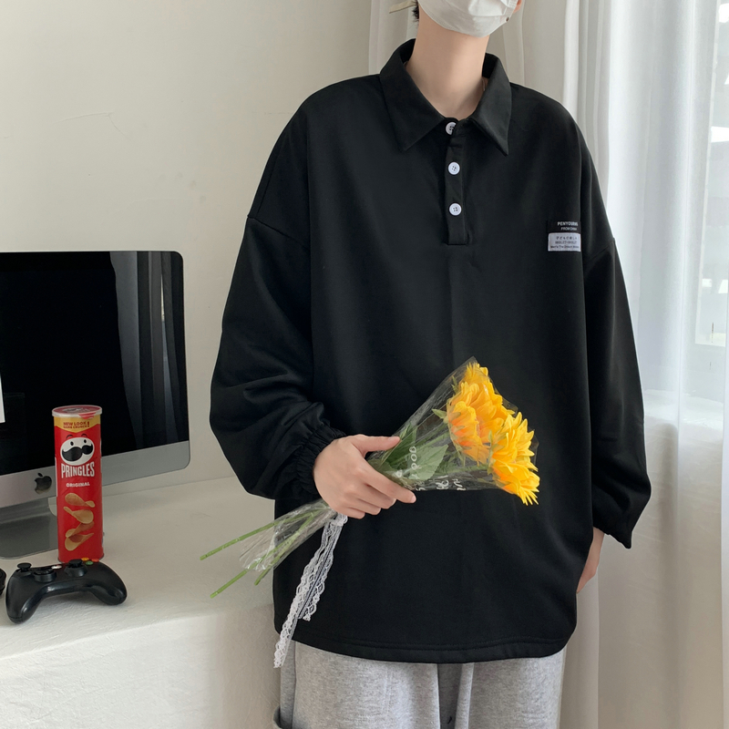 秋季polo领卫衣男韩版潮流ins港风情侣潮牌慵懒风翻领外套上衣服