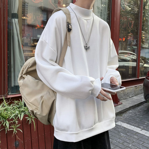 秋冬季半高领加绒卫衣男生保暖潮牌纯色内搭打底衫冬装长袖上衣服