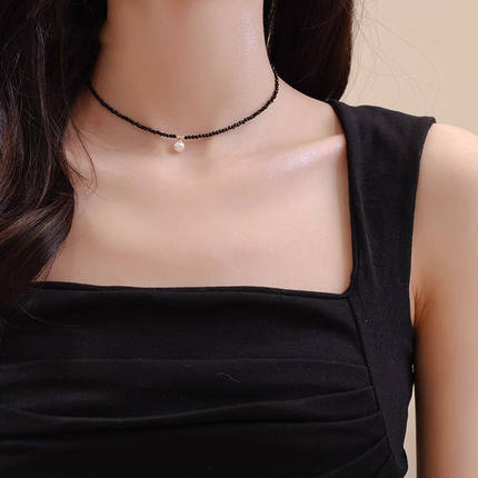 英国设计师TopWhit黑色水晶珍珠项链女新款潮轻奢设计感锁骨链颈