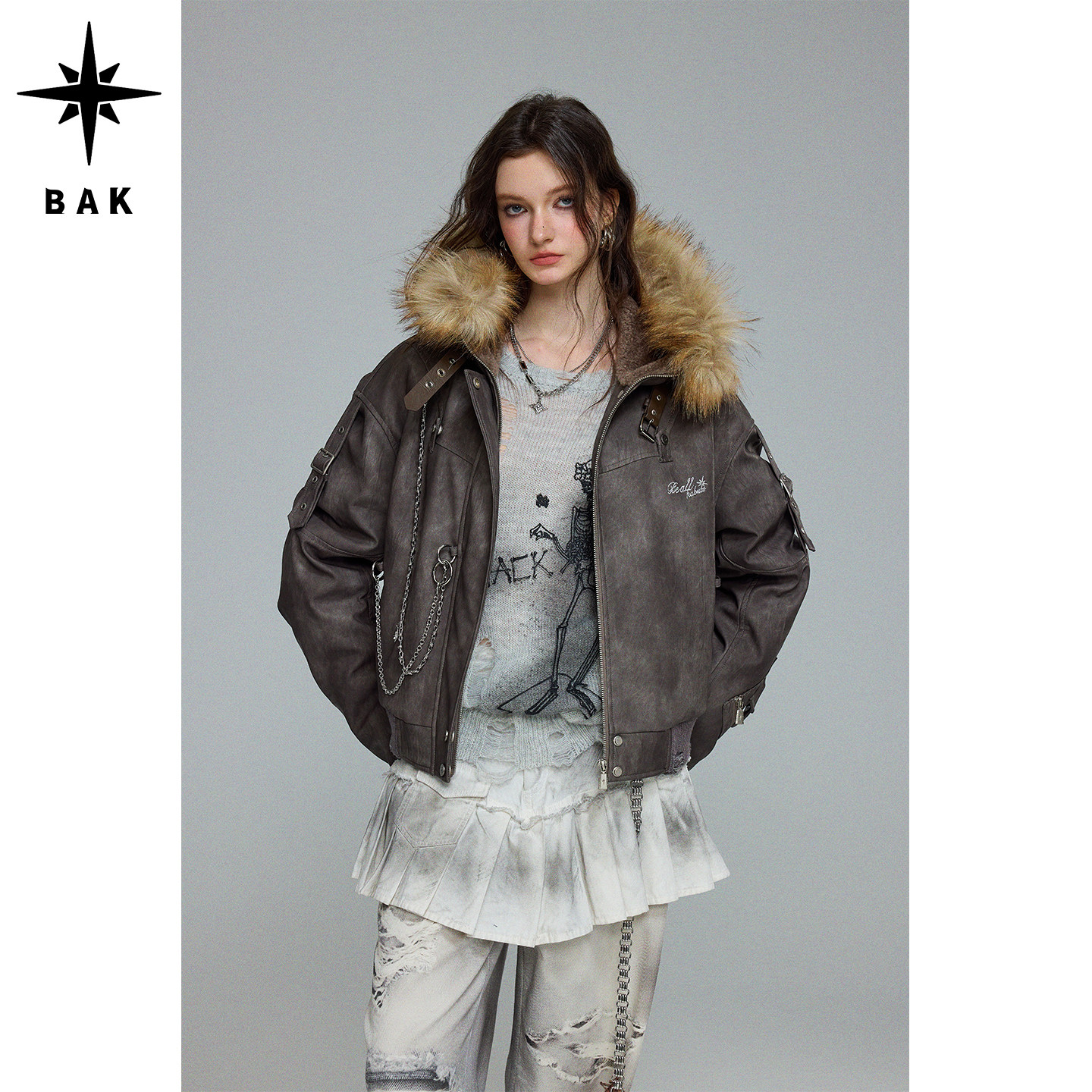 BAK原创「回音漫游」水洗朋克金属毛领袢带短款皮棉衣冬连帽棉服