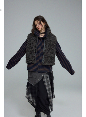 BAK原创「蓬松角落」长卷毛立领皮铆钉马甲加棉无袖秋冬外套